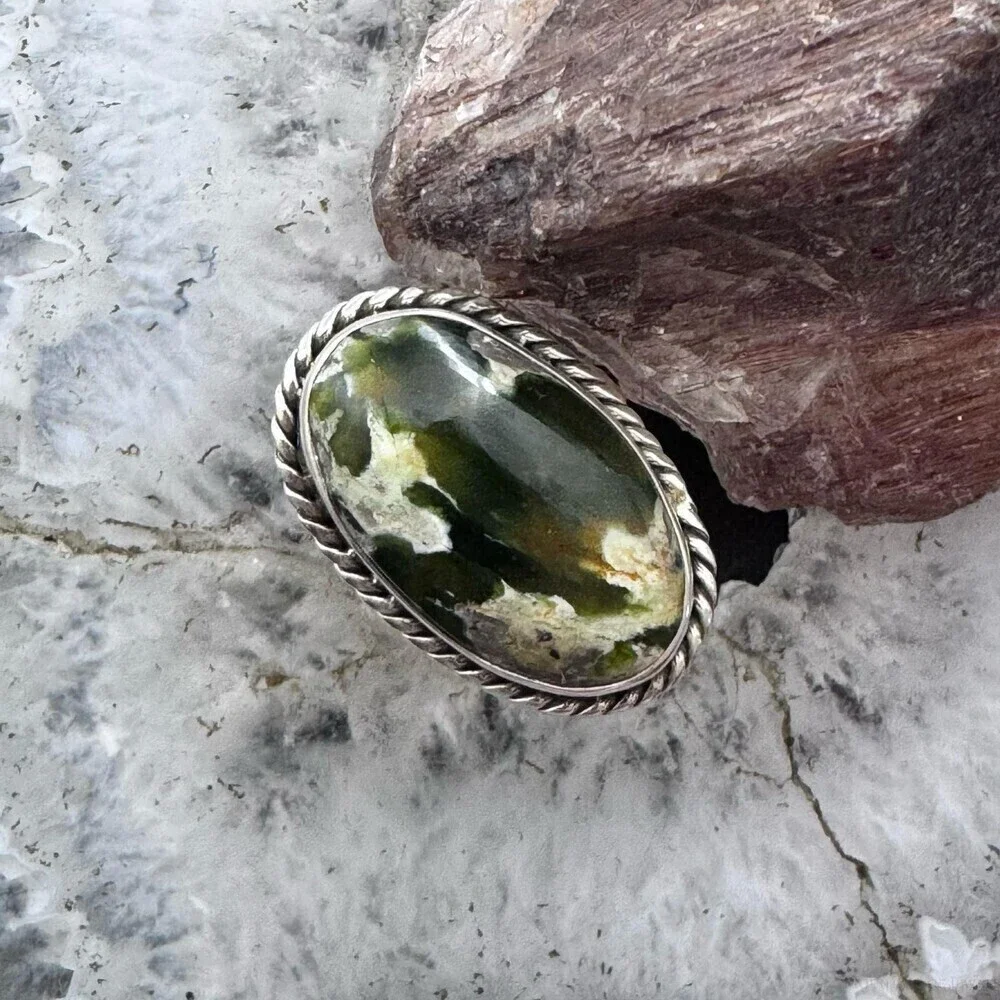 Sterling Southwestern Style Chrome Chalcedony Decorated Ring Size 6.75 For Women